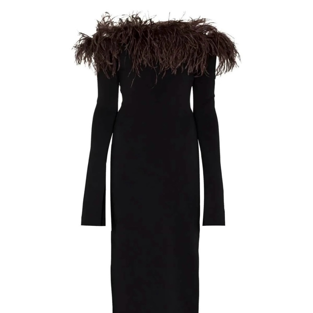 Chic Black Feather-Embellished Midi Dress